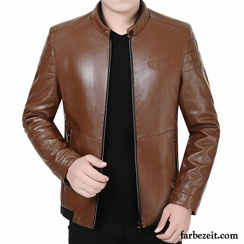 Lederjacke Herren Herbst Stehkragen Echtleder Schafspelz Freizeit Mantel Schwarz