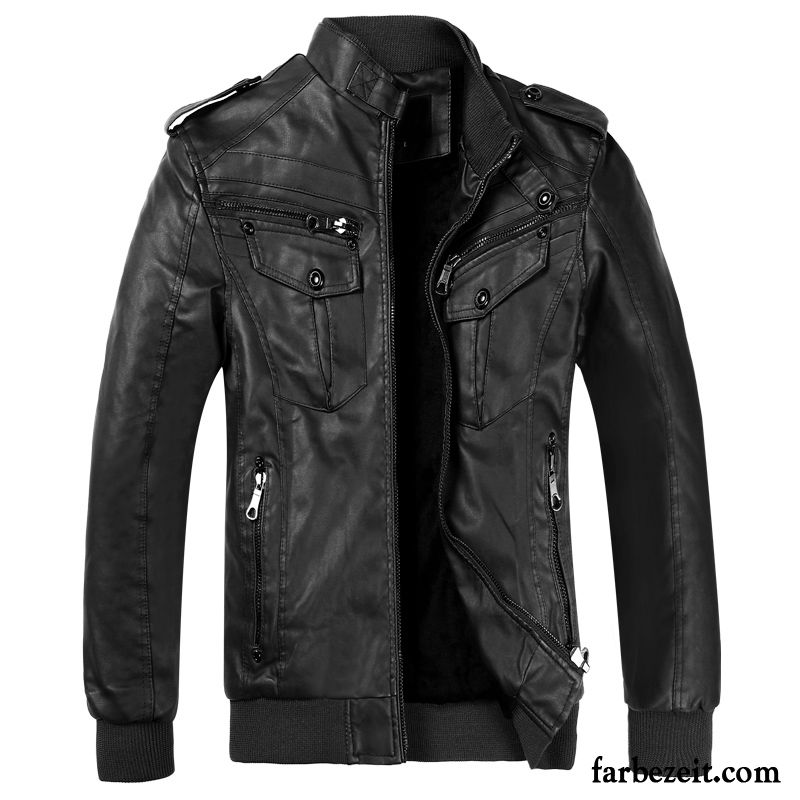 Lederjacke Herren Neu Kurzer Absatz Verdickung Plus Samt Winter Herbst Schwarz