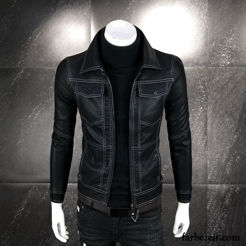 Lederjacke Herren Schlank Neu Revers Winter Herbst Überzieher Schwarz