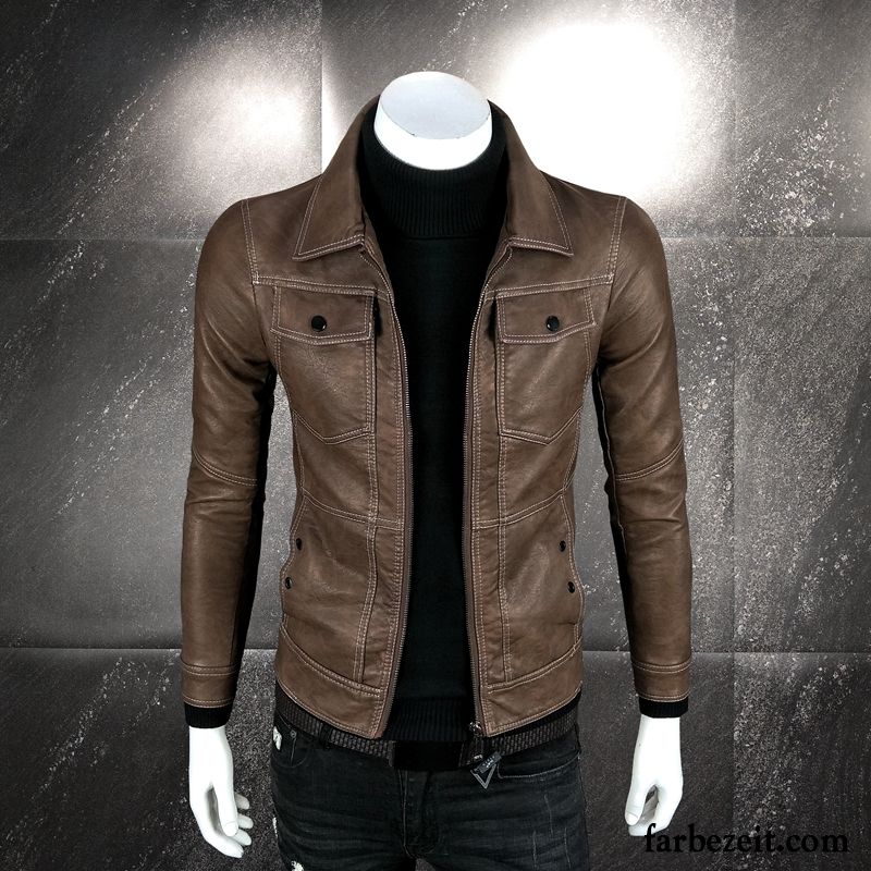 Lederjacke Herren Schlank Neu Revers Winter Herbst Überzieher Schwarz