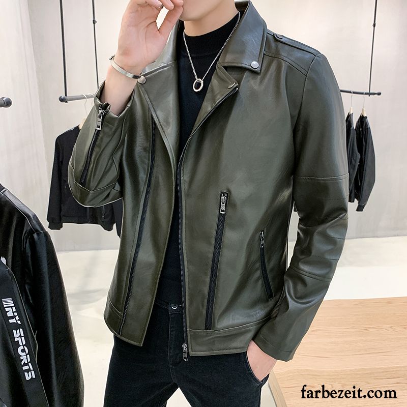 Lederjacke Herren Trend Revers Motorradanzüge Feder Herbst Schlank Army Grün