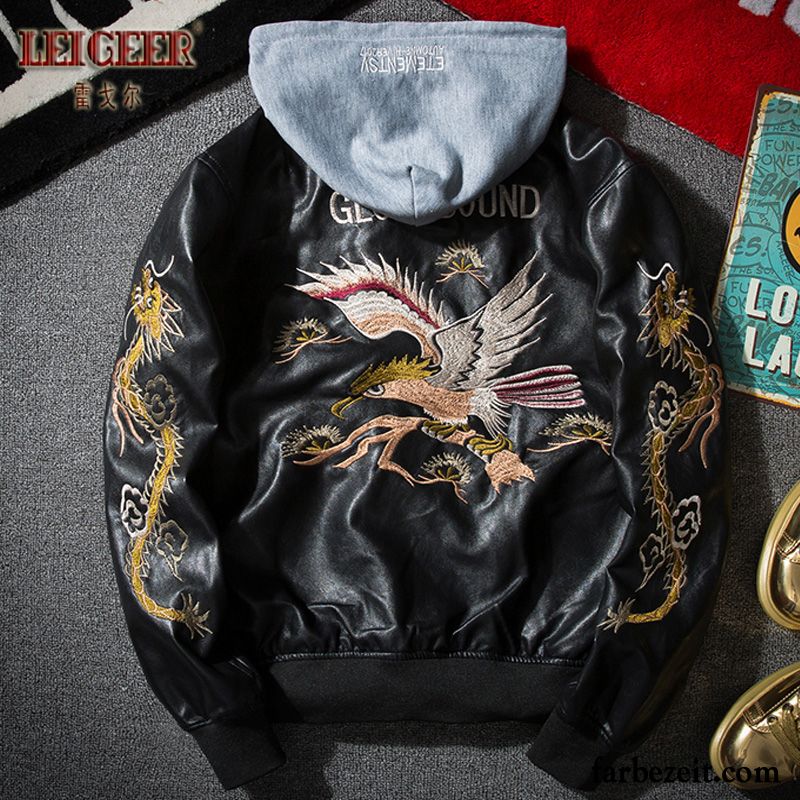 Lederjacke Mit Weste Blau Jugend Retro Schwarz Herren Lederjacke Motorradanzüge Schlank Trend Paar Überzieher Stickerei Verkaufen