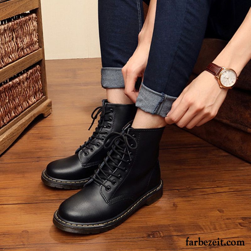 Lederstiefel Herren Hoher Schaft Schwarz Hohe Schüler Martin Stiehlt Runde Zehe England Stiefel Echtleder Arbeitsschuhe Lovers Günstig