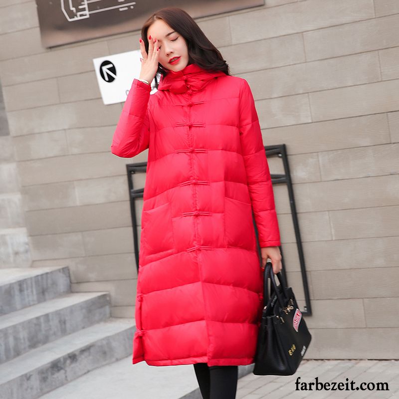 Leichte Steppjacke Damen Schwarz Rote Verdickung Langer Abschnitt Daunenjacke Lose Retro Nationalen Stil Neu Günstig