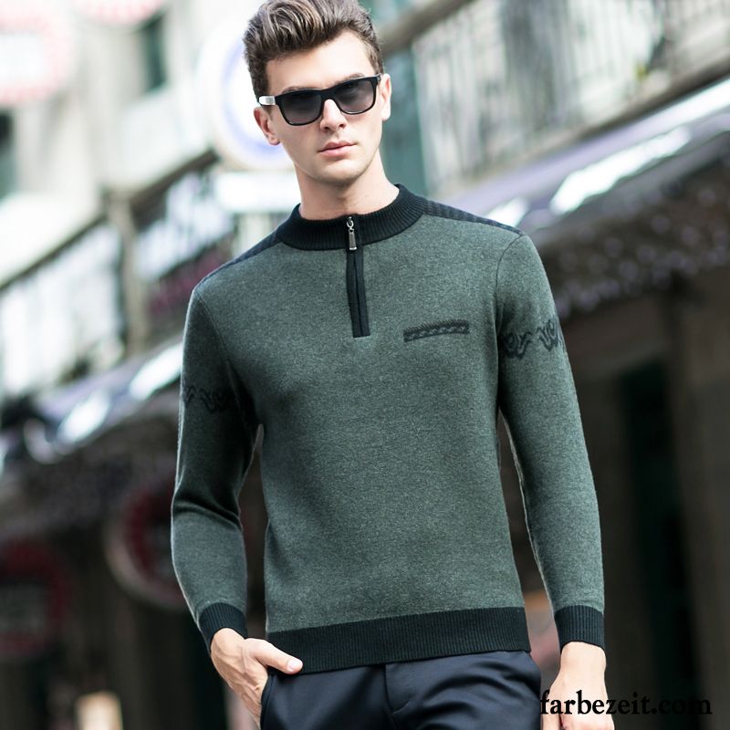 Leinen Pullover Herren Winter Reißverschluss Strickwaren Stehkragen Rollkragen Verdickung Wollpullover