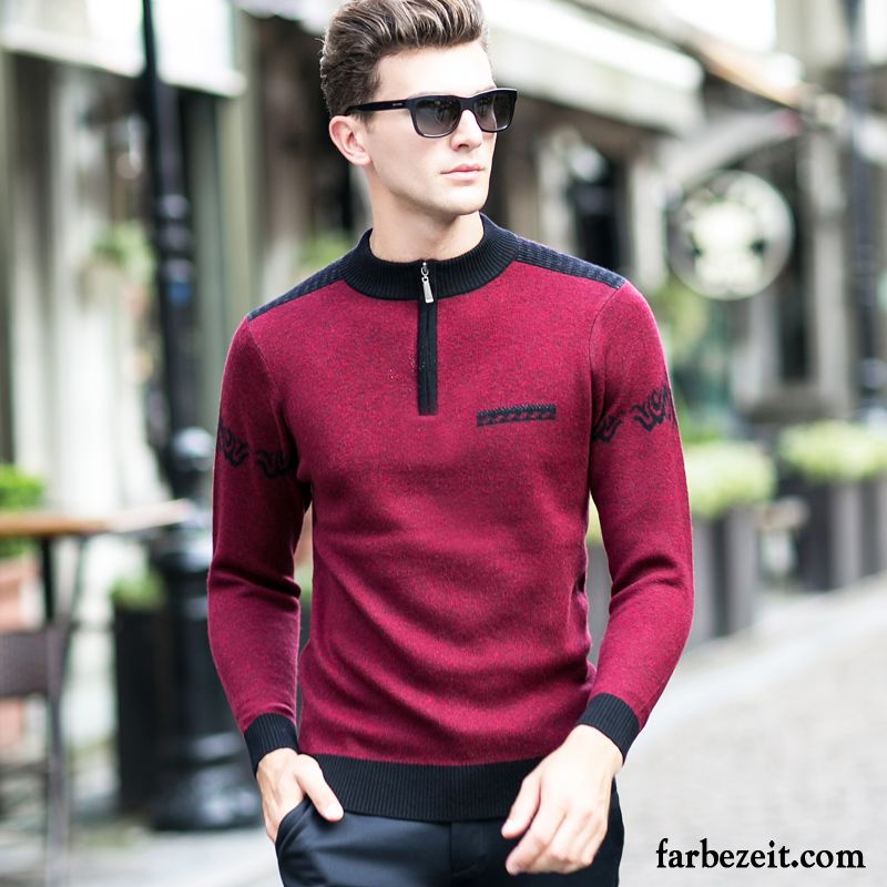 Leinen Pullover Herren Winter Reißverschluss Strickwaren Stehkragen Rollkragen Verdickung Wollpullover