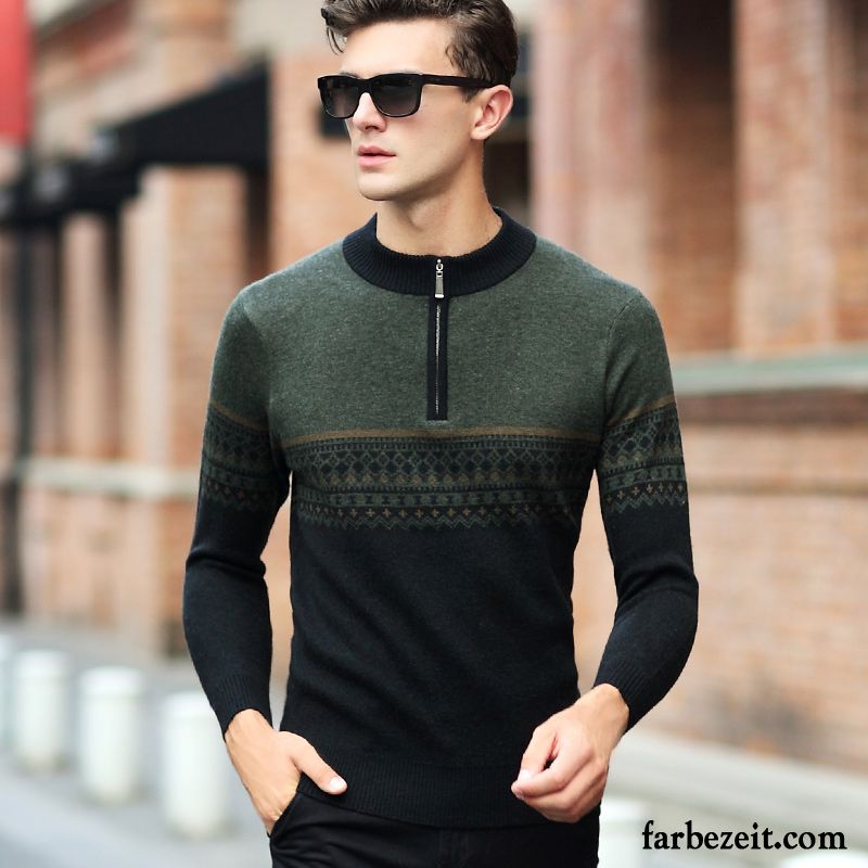 Leinen Pullover Herren Winter Reißverschluss Strickwaren Stehkragen Rollkragen Verdickung Wollpullover