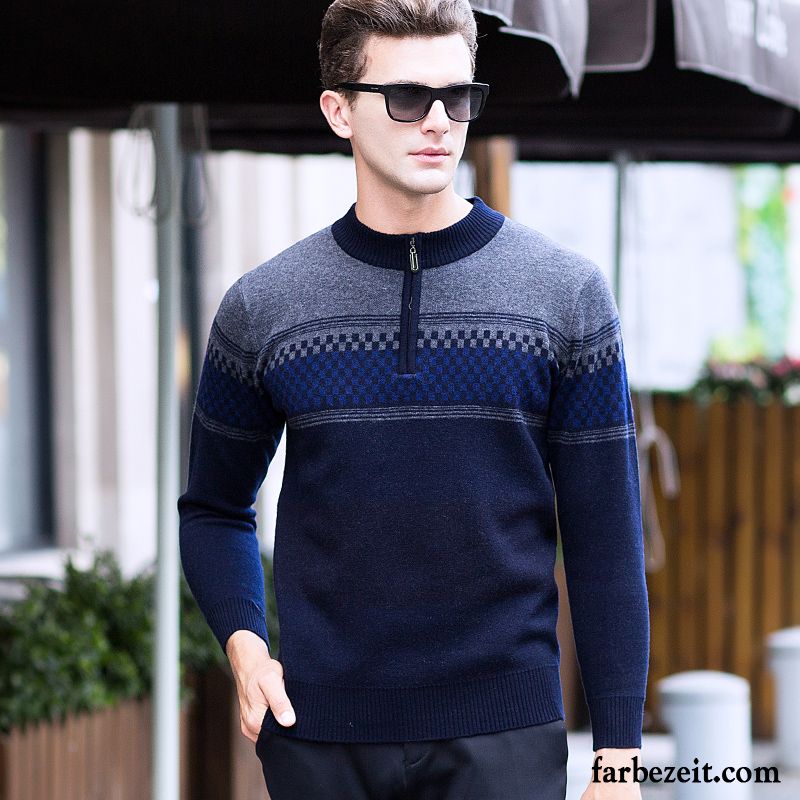 Leinen Pullover Herren Winter Reißverschluss Strickwaren Stehkragen Rollkragen Verdickung Wollpullover