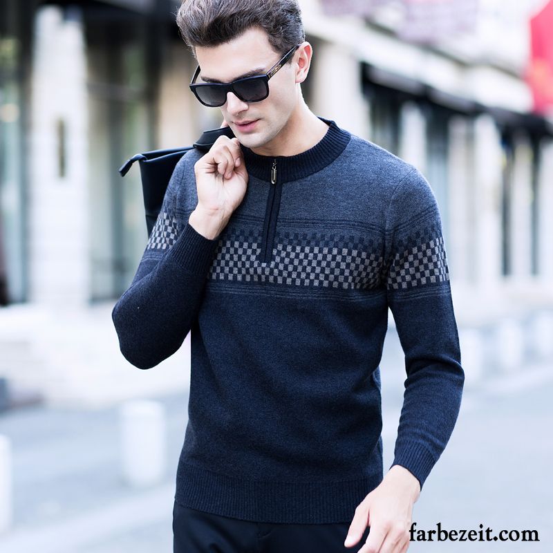 Leinen Pullover Herren Winter Reißverschluss Strickwaren Stehkragen Rollkragen Verdickung Wollpullover