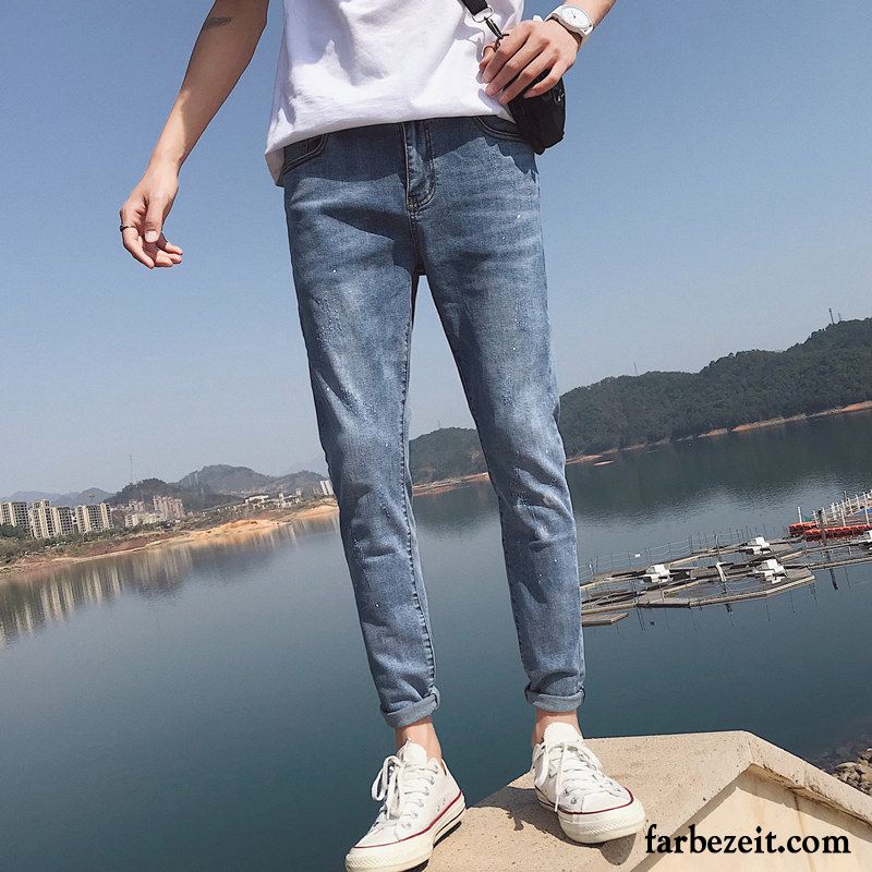 Lässige Jeans Herren Allgleiches Schlank Gerade Schmales Bein Neunte Hose Blau Jeans Herbst Freizeit Trend Winter Hell Billig