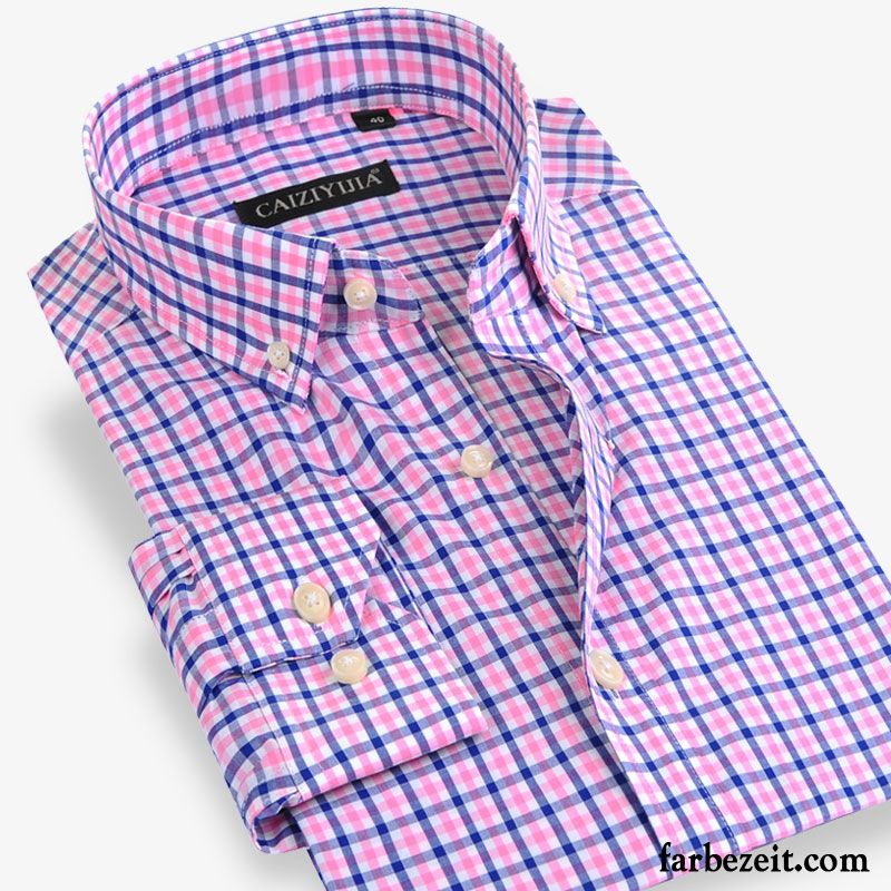 Mode Herren Slim Fit Rein Rote Baumwolle Schlank Jugend Herbst Freizeit Trend Gitter Hemd Hemden Lange Ärmel Günstig