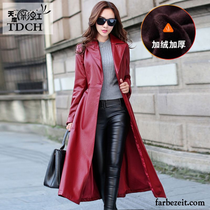 Mode Lederjacke Rot Schwarz Herbst Überzieher Neu Lederjacke Mode Winterkleidung Damen Plus Samt Verdickung Langer Abschnitt Dünn Mäntel Günstig