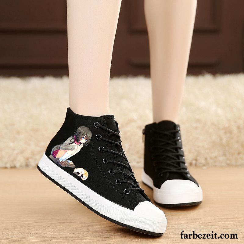 Mode Schuhe Damen Schwarz Weiß Langschaft Graffiti Tuch Schuhe Feder Schüler Trend Casual Weiß Flache Skaterschuhe Günstig