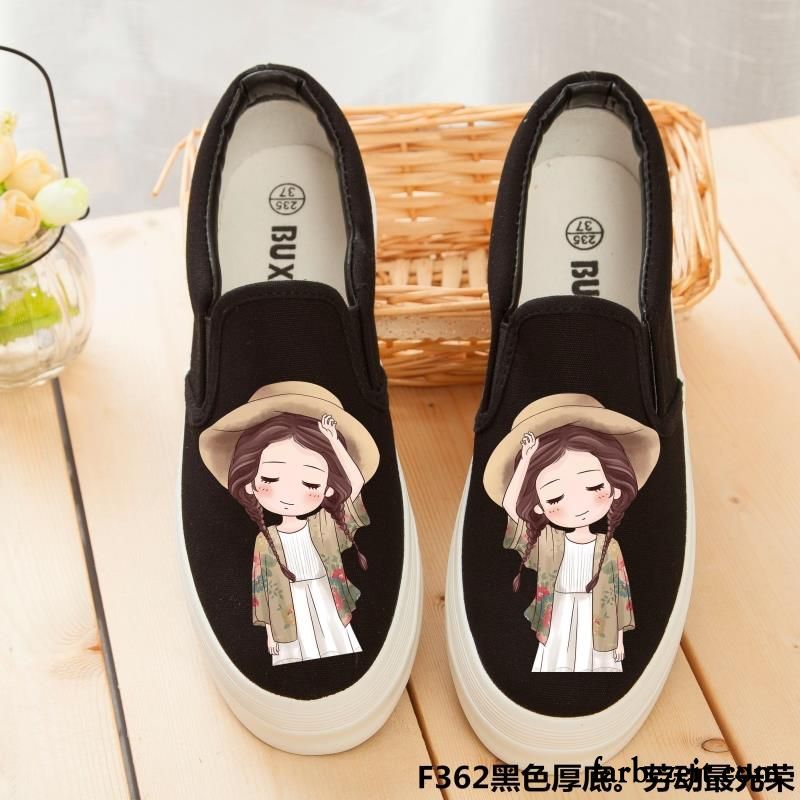 Mode Schuhe Damen Schüler Plateauschuhe Neue Tuch Schuhe Slip-on Niedrig Sommer Feder Graffiti Faul Dicke Sohle Casual Günstig