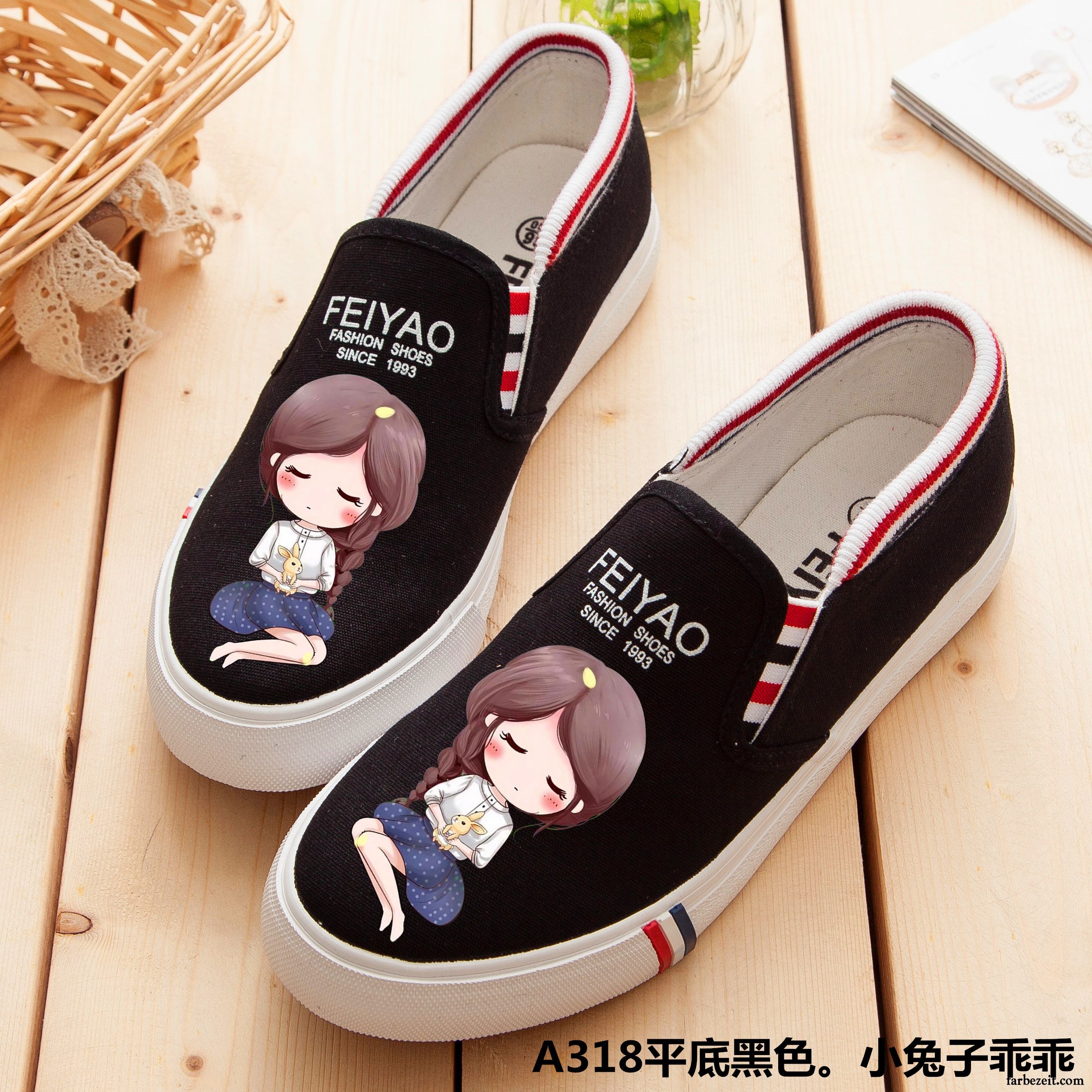 Mode Schuhe Damen Türkis Feder Slip-on Schüler Sommer Schuhe Allgleiches Straße Tuch Schuhe Flache Weiß Karikatur Graffiti Faul