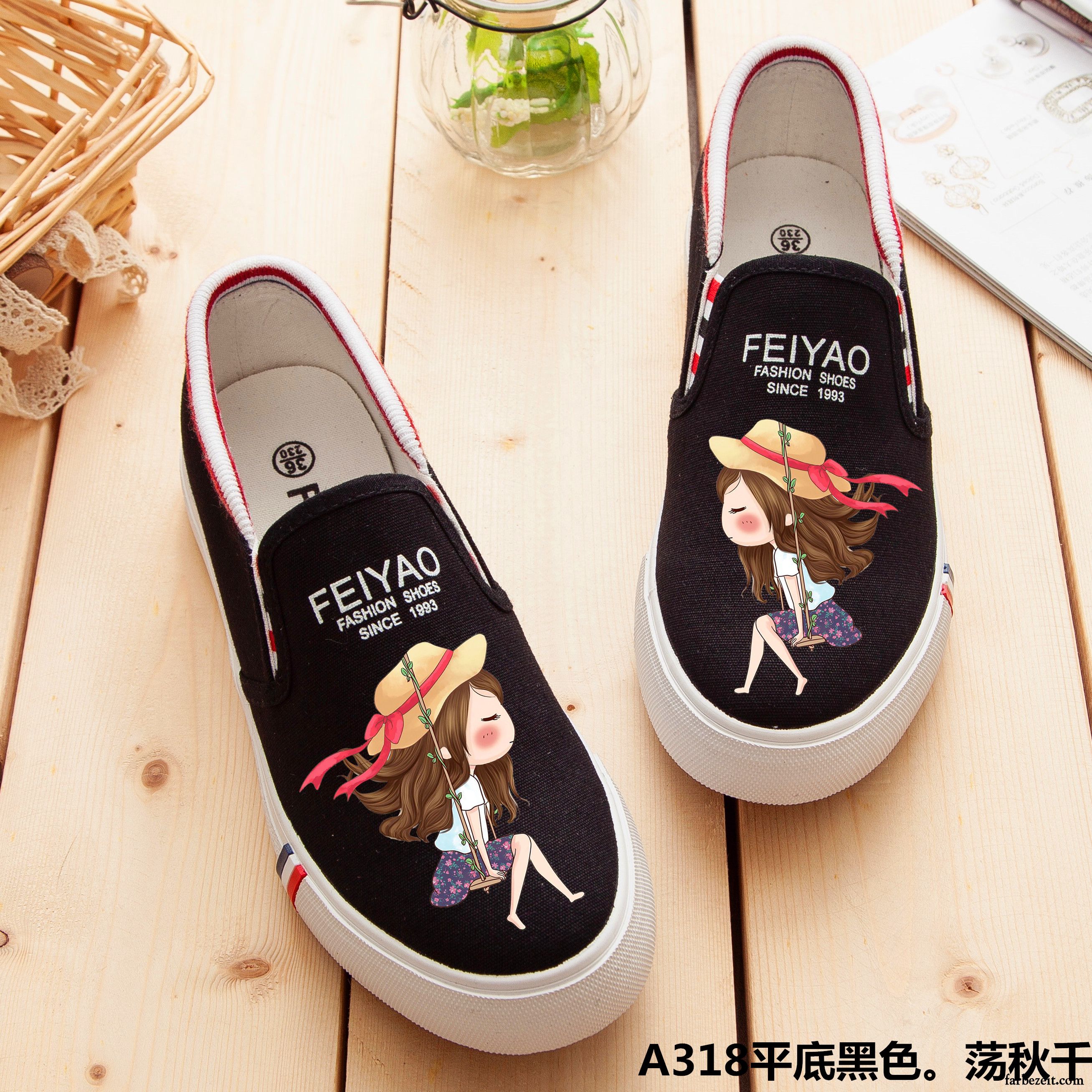 Mode Schuhe Damen Türkis Feder Slip-on Schüler Sommer Schuhe Allgleiches Straße Tuch Schuhe Flache Weiß Karikatur Graffiti Faul