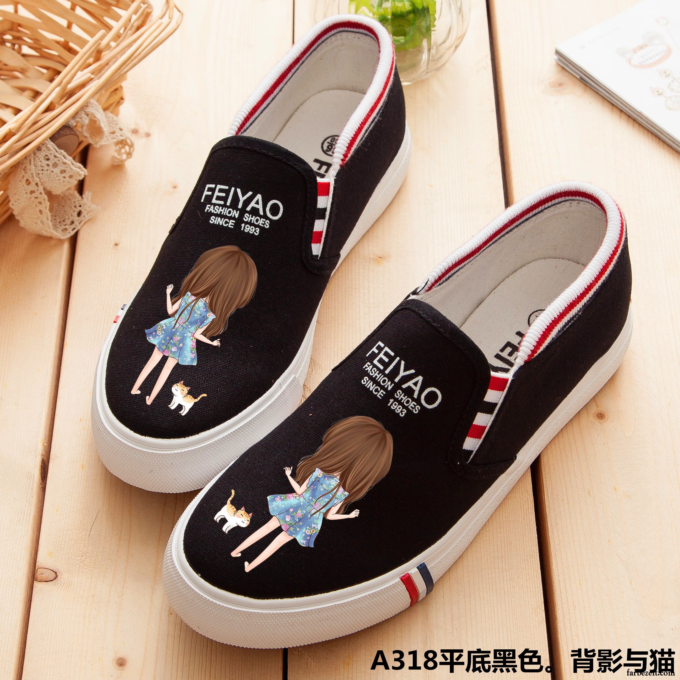 Mode Schuhe Damen Türkis Feder Slip-on Schüler Sommer Schuhe Allgleiches Straße Tuch Schuhe Flache Weiß Karikatur Graffiti Faul