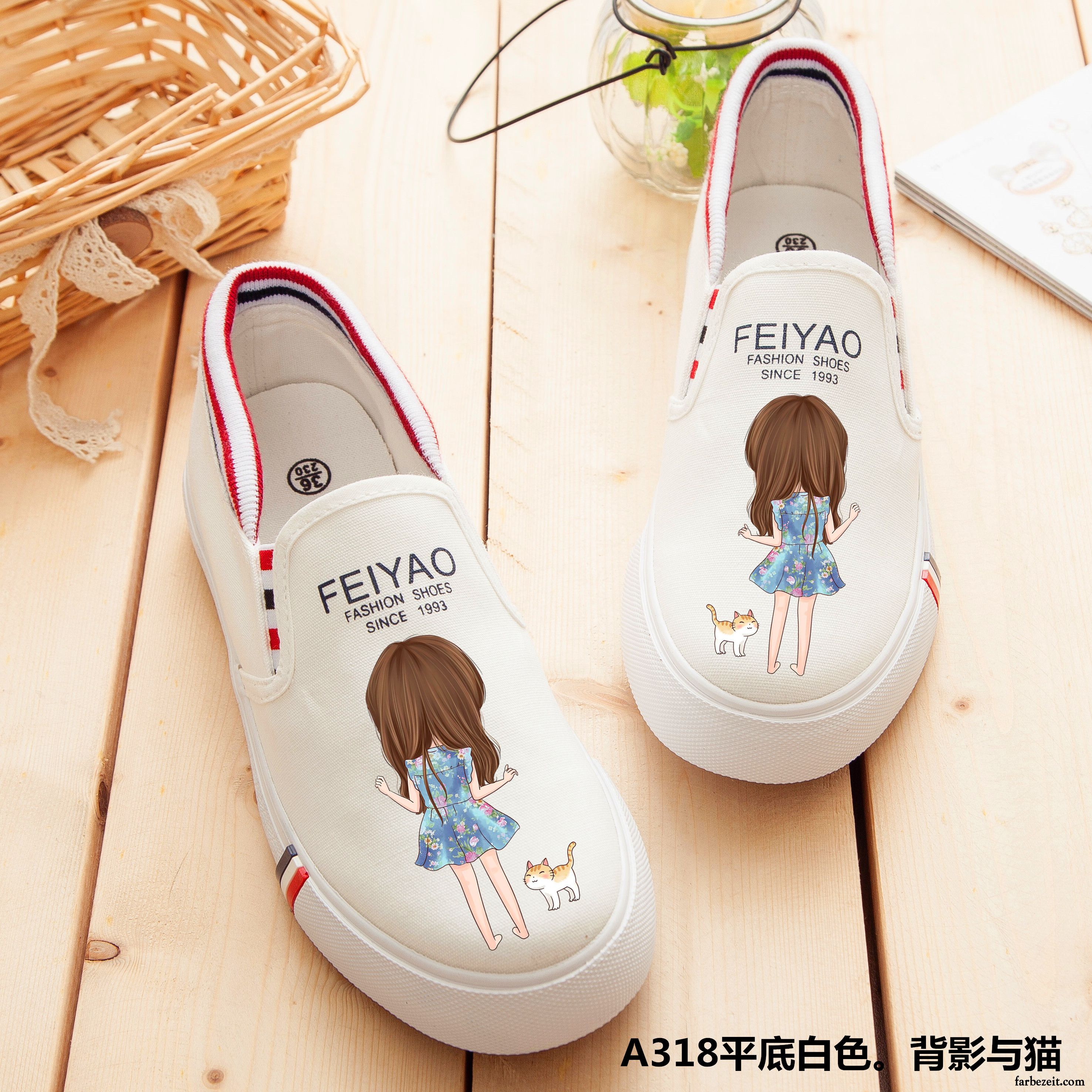 Mode Schuhe Damen Türkis Feder Slip-on Schüler Sommer Schuhe Allgleiches Straße Tuch Schuhe Flache Weiß Karikatur Graffiti Faul