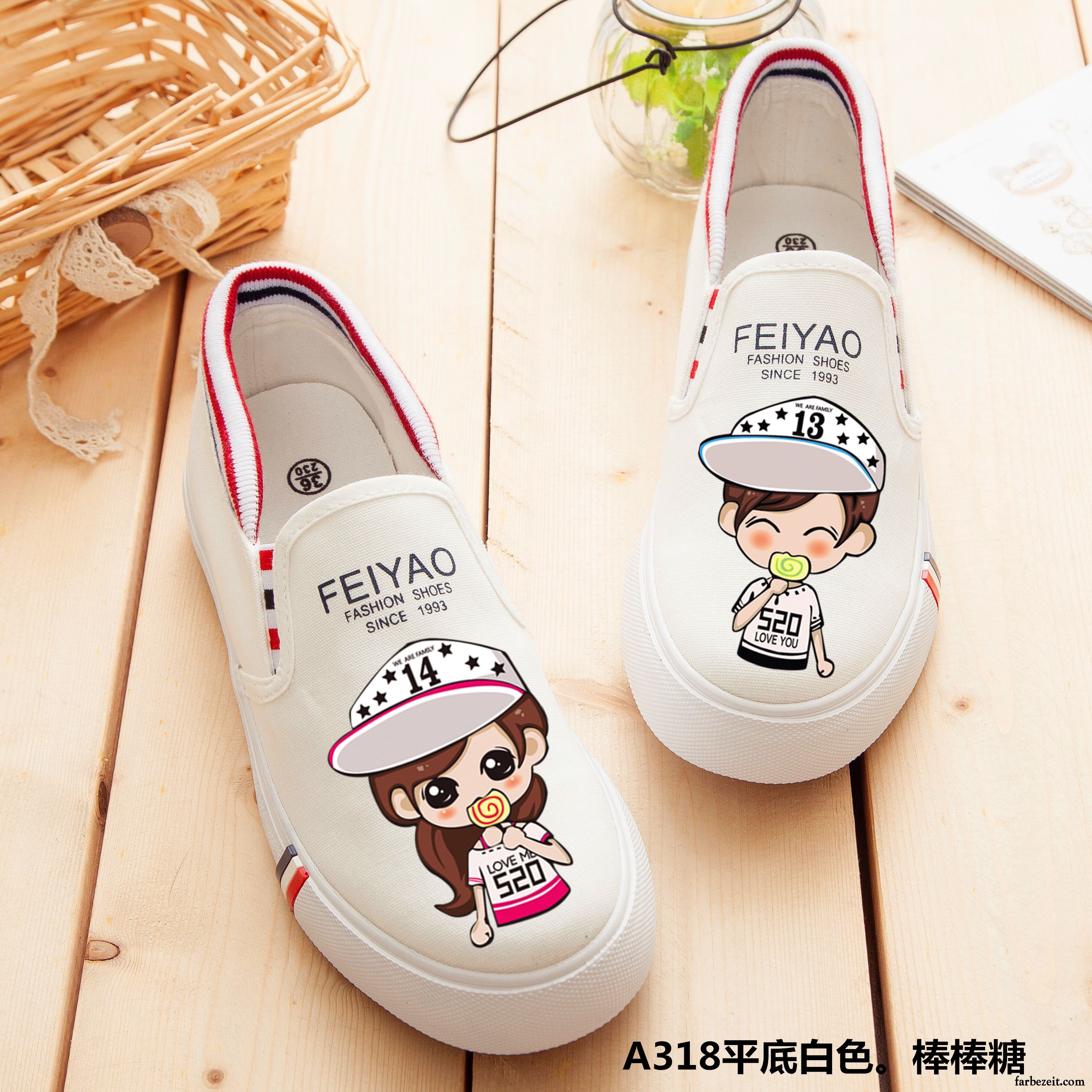 Mode Schuhe Damen Türkis Feder Slip-on Schüler Sommer Schuhe Allgleiches Straße Tuch Schuhe Flache Weiß Karikatur Graffiti Faul