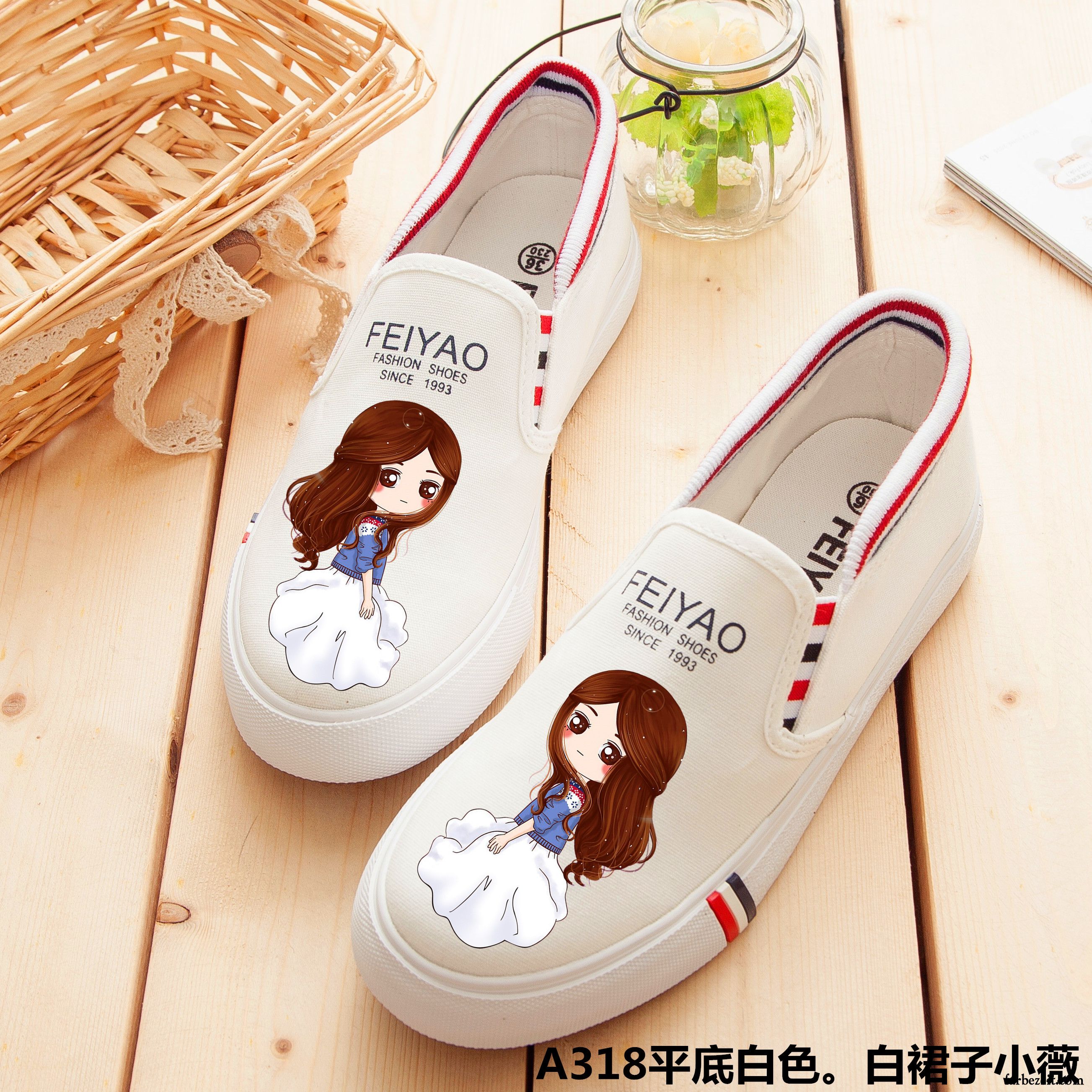 Mode Schuhe Damen Türkis Feder Slip-on Schüler Sommer Schuhe Allgleiches Straße Tuch Schuhe Flache Weiß Karikatur Graffiti Faul