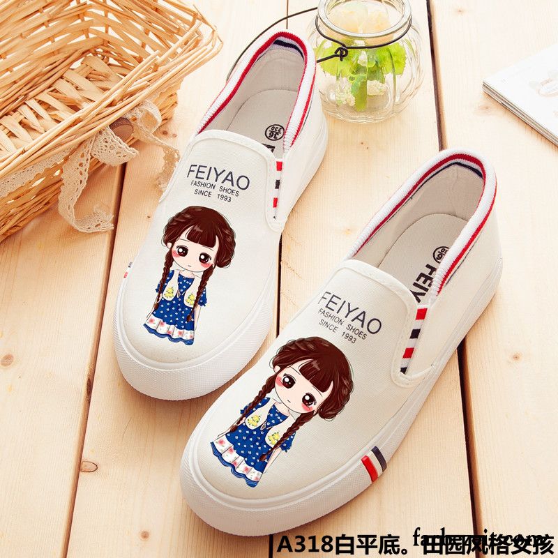 Mode Schuhe Damen Türkis Feder Slip-on Schüler Sommer Schuhe Allgleiches Straße Tuch Schuhe Flache Weiß Karikatur Graffiti Faul