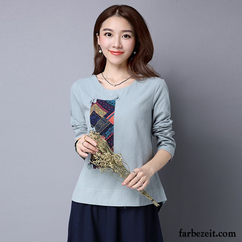 Mode T Shirt Damen Nationalen Stil Lose Trend Unteres Hemd Spleißen Neu Lange Ärmel Herbst Mantel Baumwolle