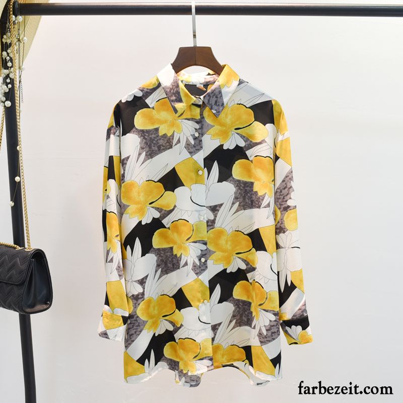 Moderne Damen Blusen Trend Dünn Lose Blumen Drucken Herbst Neu Lange Ärmel Chiffon Gelb Mantel