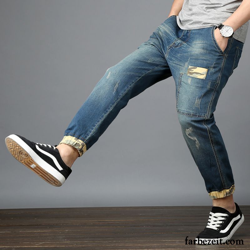 Jeans Herren Kurz Hose Neunte Hose Fett Elastisch Sommer Dünn Blau Jeans Große Größe Lose Günstig