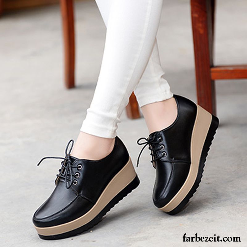 Monk Schuhe Damen Schwarz Schuhe Feder Schnürschuhe Herbst Neue Lederschuhe Casual Plateauschuhe Keilschuhe Dicke Sohle Mode England Günstig