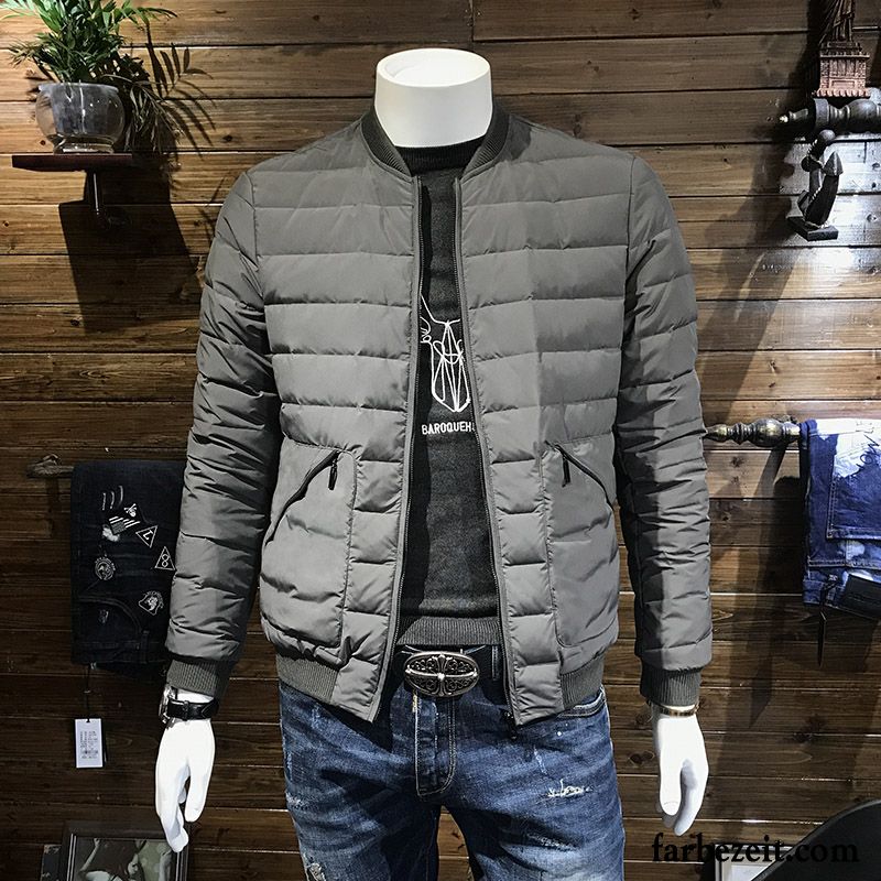 Männer Steppjacke Grau Herren Überzieher Schlank Daunenjacke Kurzer Absatz Stehkragen Jugend Licht Winter Trend Ausverkauf Günstig