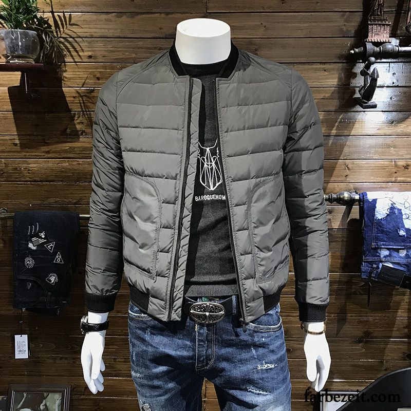 Männer Steppjacke Grau Herren Überzieher Schlank Daunenjacke Kurzer Absatz Stehkragen Jugend Licht Winter Trend Ausverkauf Günstig