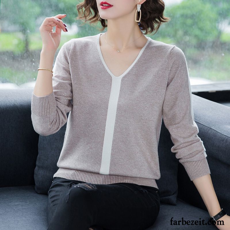 Pullover Damen Lange Ärmel Strickwaren Herbst Mantel Trend V-ausschnitt Weiß