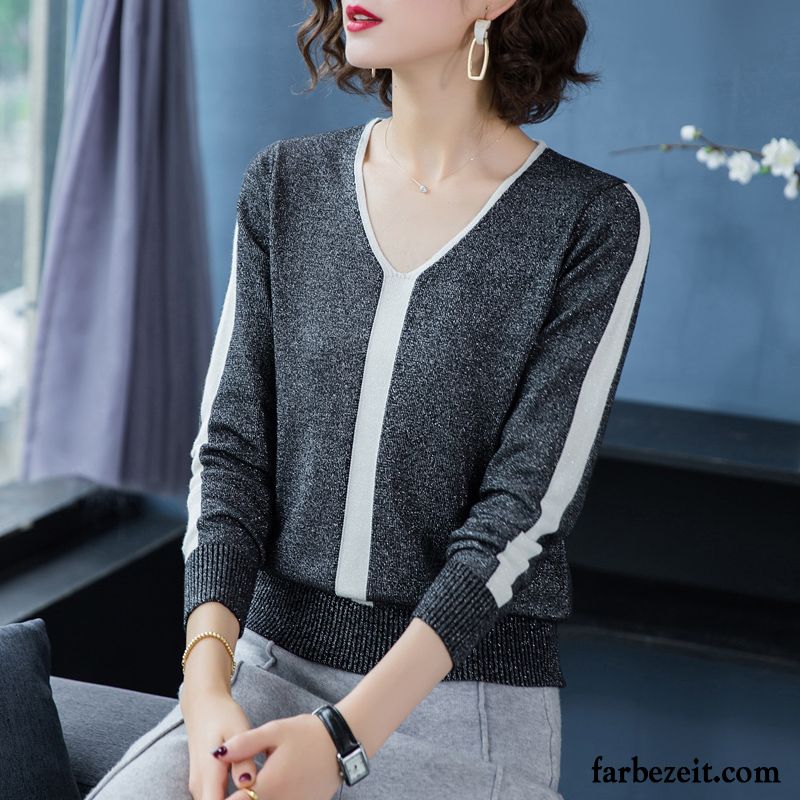 Pullover Damen Lange Ärmel Strickwaren Herbst Mantel Trend V-ausschnitt Weiß