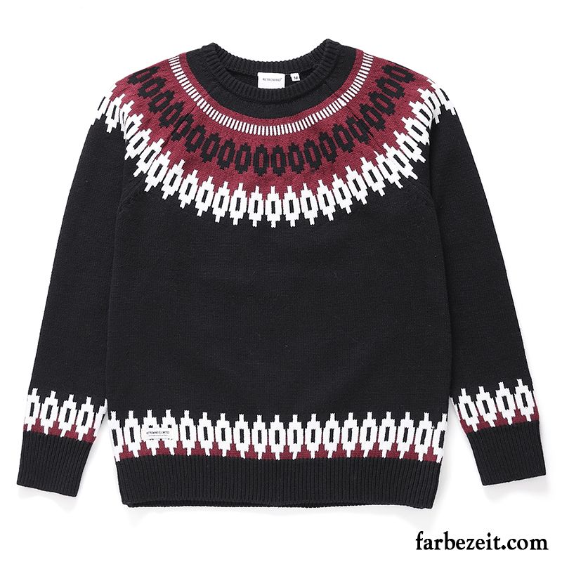 Pullover Herren Rundhals Unteres Hemd Paar Stricken Nationalen Stil Lose Schwarz