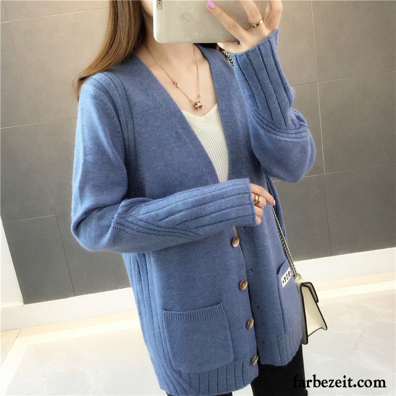 Pullover Mit Kapuze Damen Strickjacke Überzieher Neu Blau Herbst Langer Abschnitt Lose Pullover Mantel Rabatt