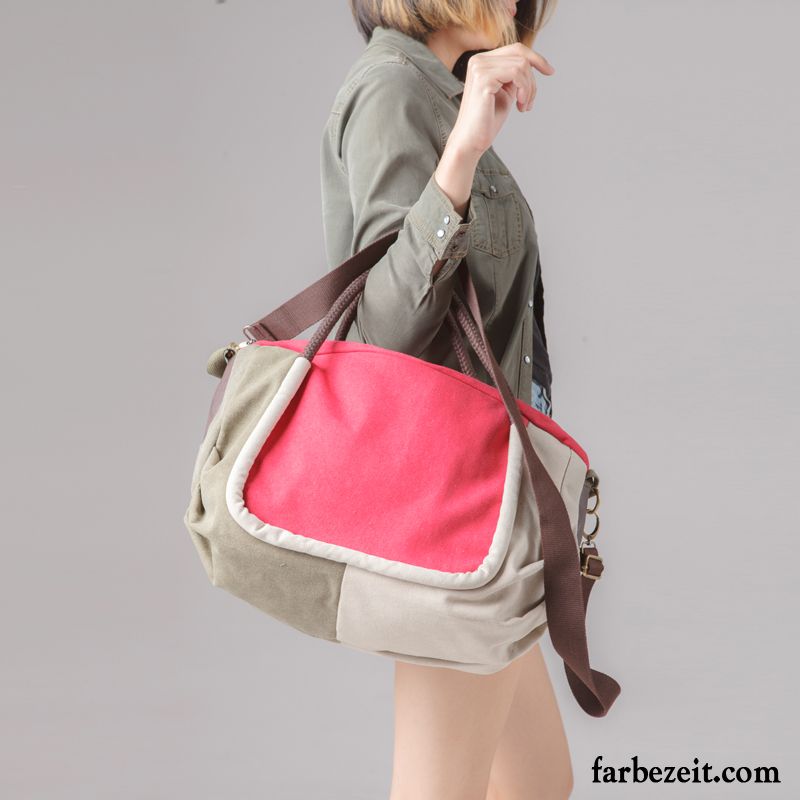 Reisetasche Damen Leinwand Umhängetasche Mode Retro Trend Große Kapazität Rosa Rot