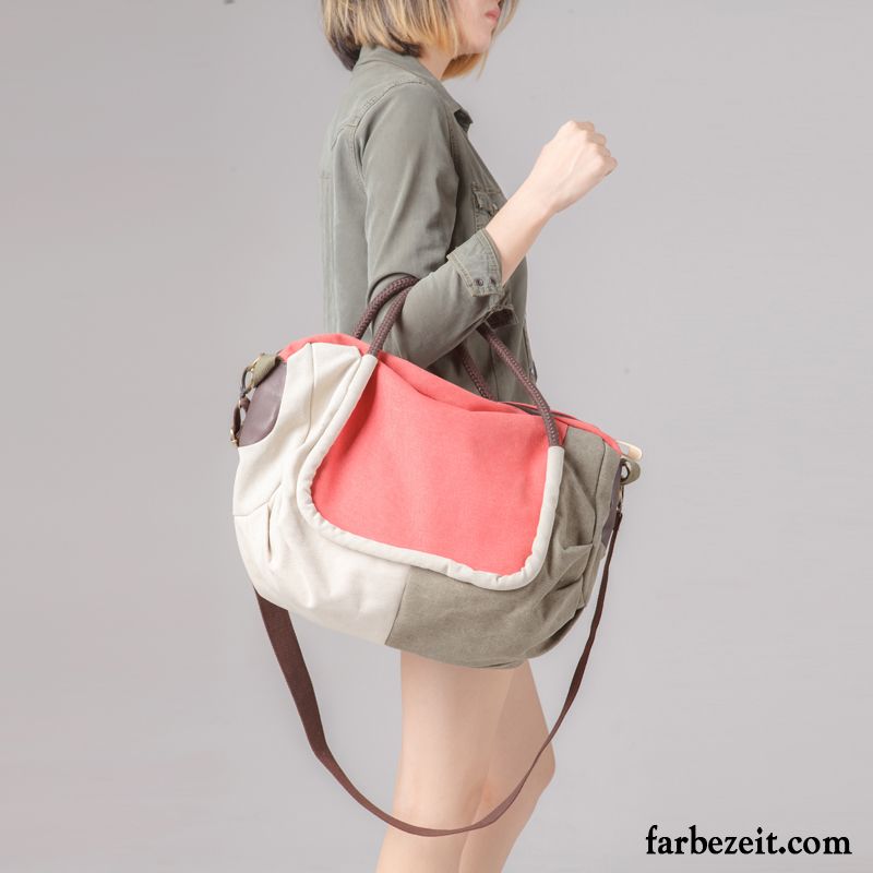 Reisetasche Damen Leinwand Umhängetasche Mode Retro Trend Große Kapazität Rosa Rot