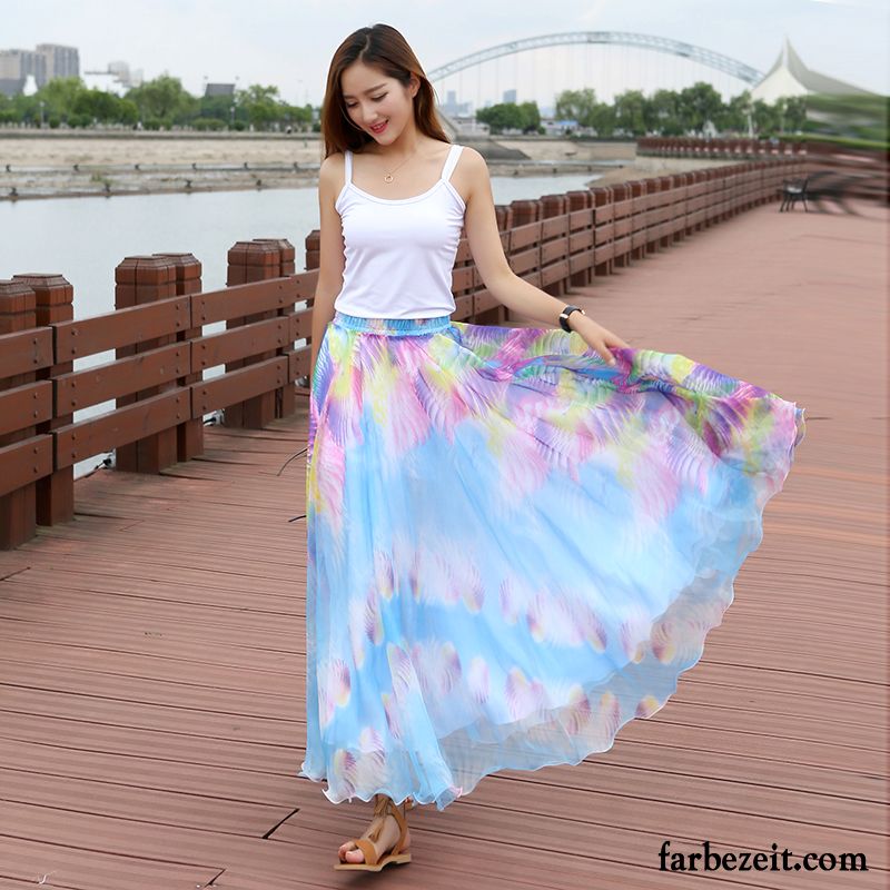 Rock Braun Knielang Damen Blau Neu Blume Sommer Groß Falten Chiffon Ferien Langer Rock Kaufen