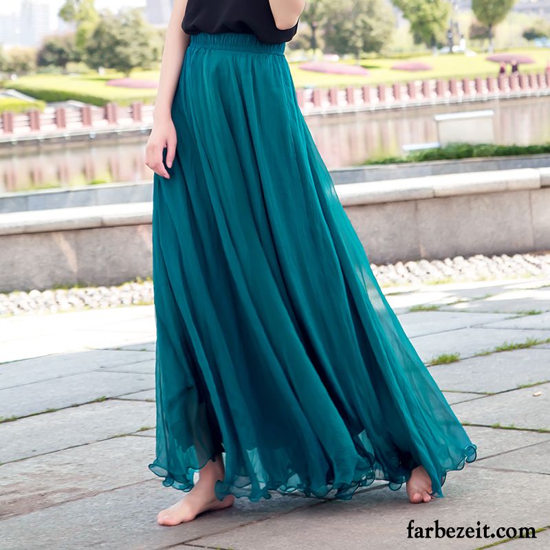 Rockige Mode Online Shop Damen Golden Blau Sommer Strand Chiffon Ferien Groß Langer Rock Dünn Kaufen