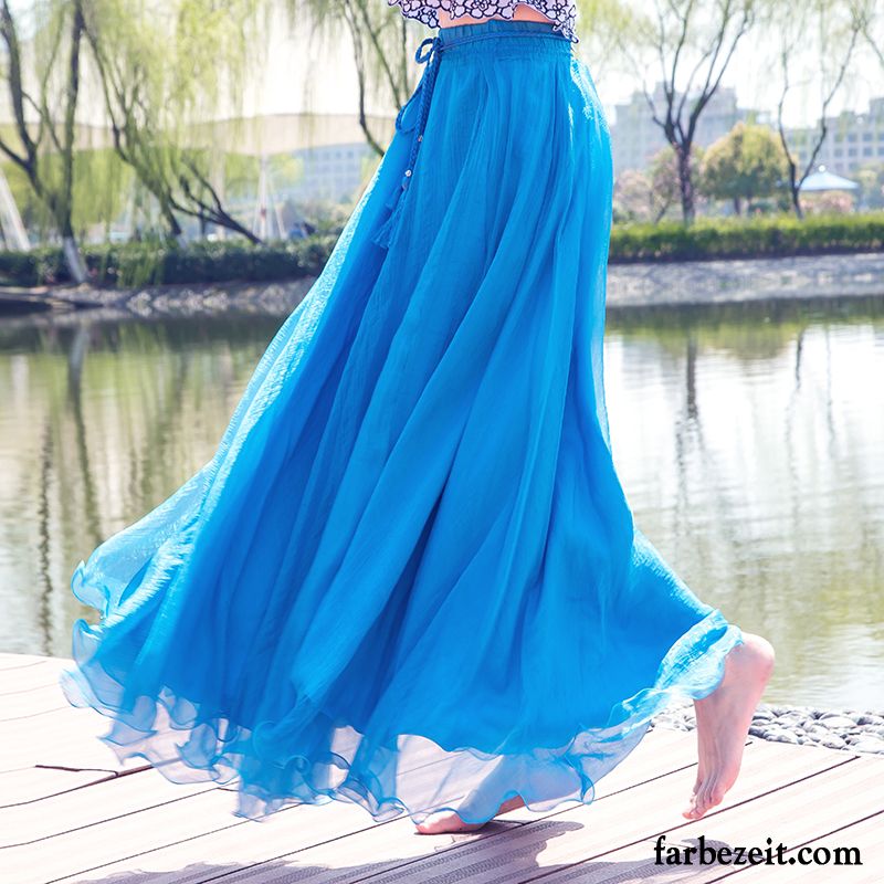 Rockige Mode Online Shop Damen Golden Blau Sommer Strand Chiffon Ferien Groß Langer Rock Dünn Kaufen