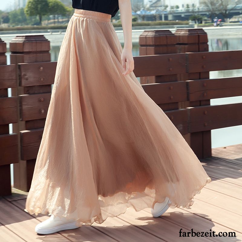 Rockige Mode Online Shop Damen Golden Blau Sommer Strand Chiffon Ferien Groß Langer Rock Dünn Kaufen