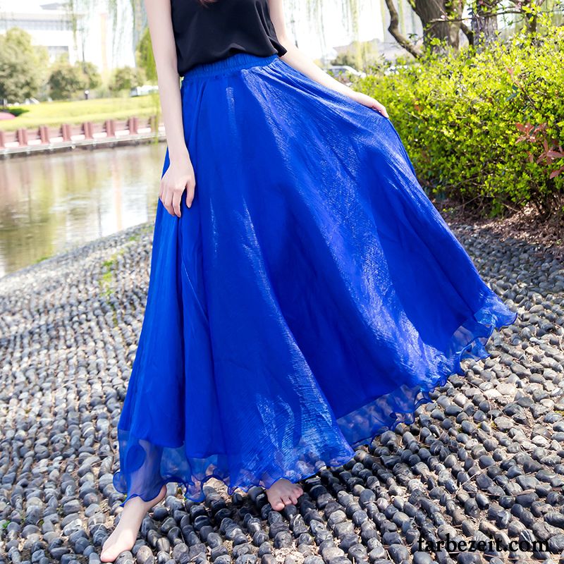 Rockige Mode Online Shop Damen Golden Blau Sommer Strand Chiffon Ferien Groß Langer Rock Dünn Kaufen