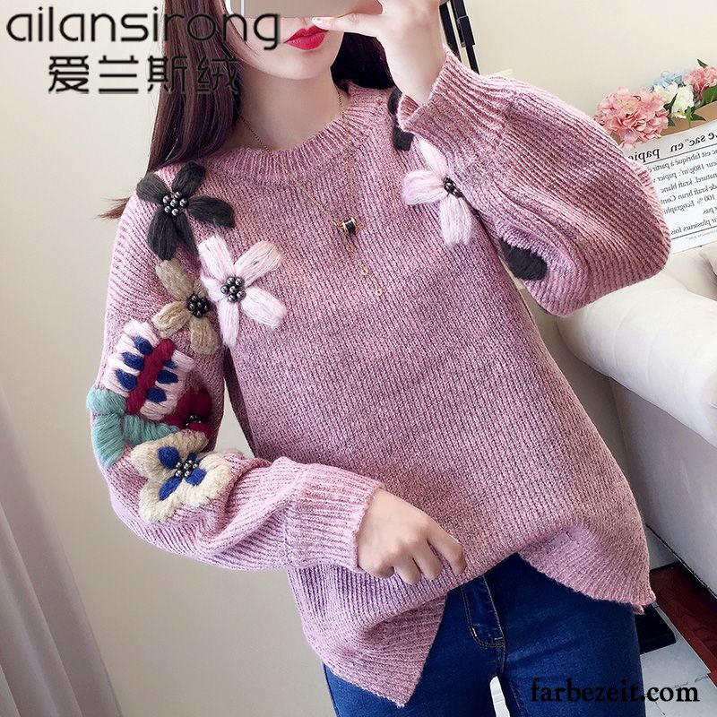 Rollkragenpullover Kurzarm Damen Neu Stickerei Rosa Kurzer Absatz Allgleiches Stricken Pullover Frisch Winter Lose Unteres Hemd Herbst Günstig