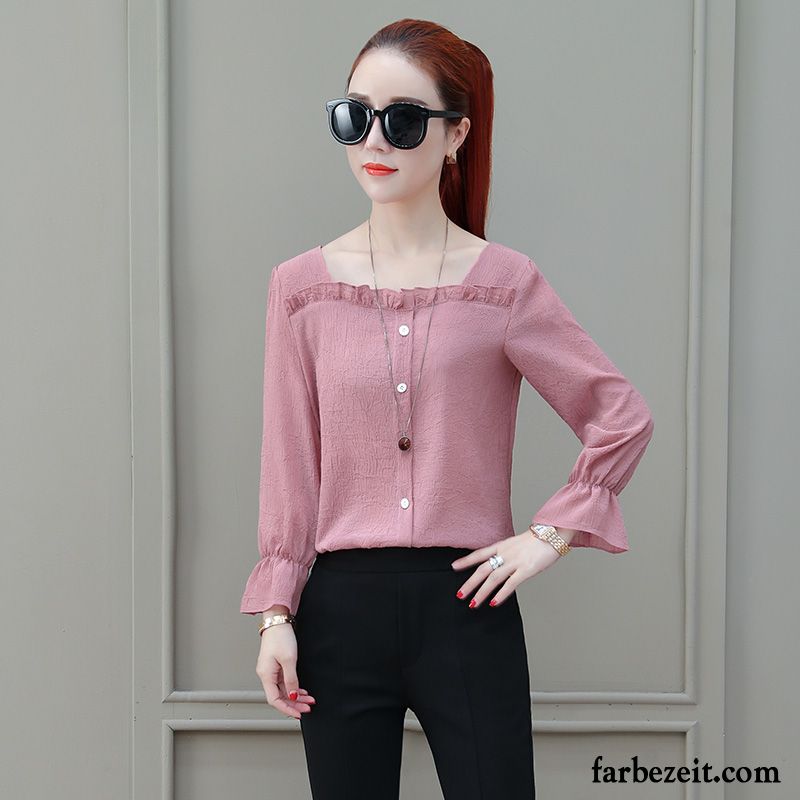 Rosa Bluse Mit Spitze Feder Lange Ärmel Lose Blusen Herbst Chiffon Allgleiches Mantel Damen Neu Rosa