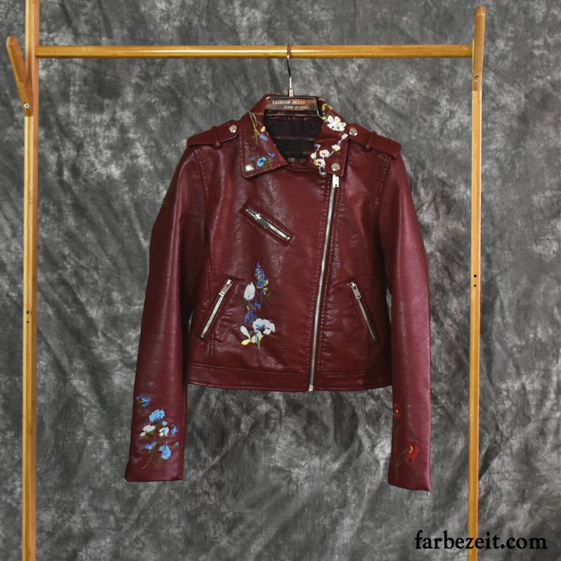 Rosa Lederjacke Mit Punkten Leder Lederjacke Kurzer Absatz Schwarz Pu Winter Herbst Dünn Revers Schlank Feder Überzieher Damen Stickerei Kaufen