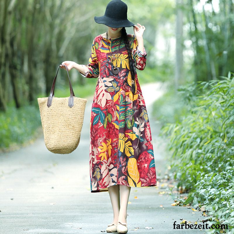 Rotes Kleid Kaufen Damen Kleider Nationalen Stil Rundausschnitt Große Größe Neu Baumwolle Herbst Lose Lange Ärmel Langer Rock Rote Drucken Billig