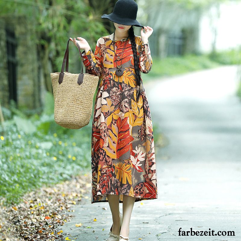 Rotes Kleid Kaufen Damen Kleider Nationalen Stil Rundausschnitt Große Größe Neu Baumwolle Herbst Lose Lange Ärmel Langer Rock Rote Drucken Billig