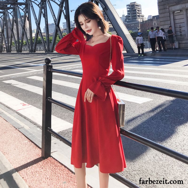 Rotes Langes Kleid Langer Abschnitt Damen Kleider Schwarz Herbst Ultra Rote Dünn Retro Neu Lange Ärmel Billig