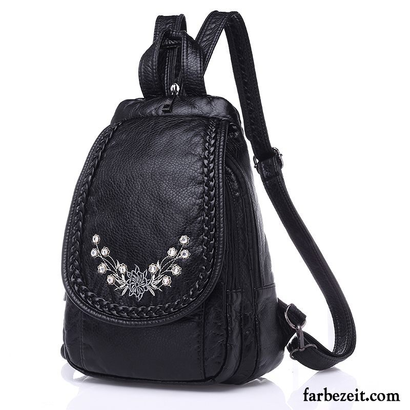 Rucksäcke Damen All Match Rucksack Stickerei Freizeit Gewaschen Mode Schwarz