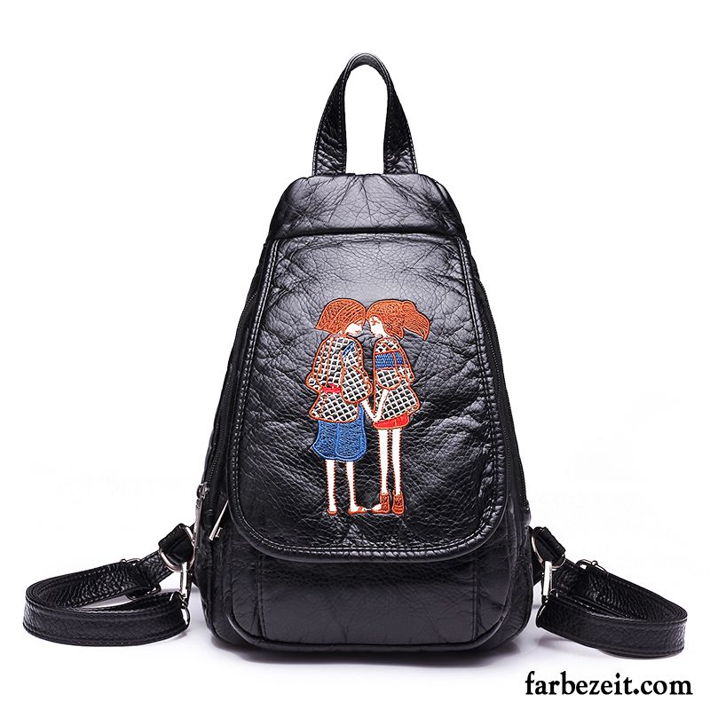 Rucksäcke Damen All Match Rucksack Stickerei Freizeit Gewaschen Mode Schwarz